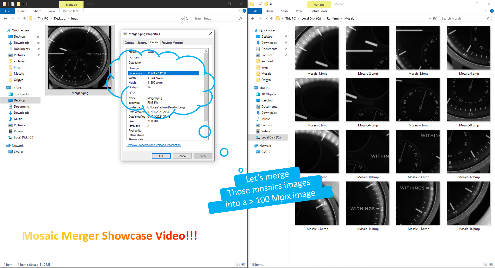 Merging 16 mosaics of 24Mpix into a high resolution image