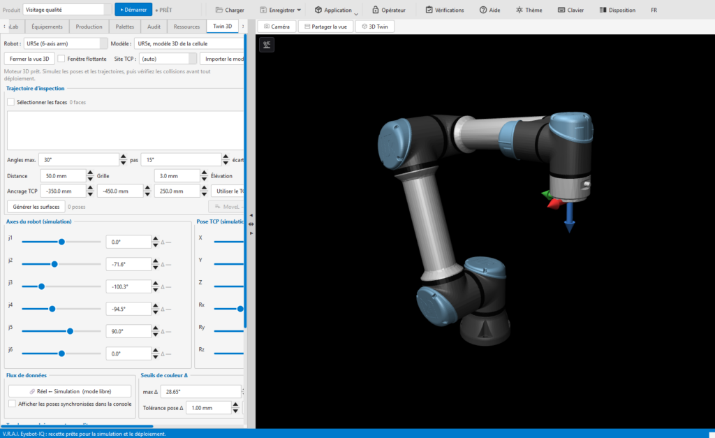 Interface VRAI-Eyebot-IQ avec jumeau numérique 3D et robot en position de travail